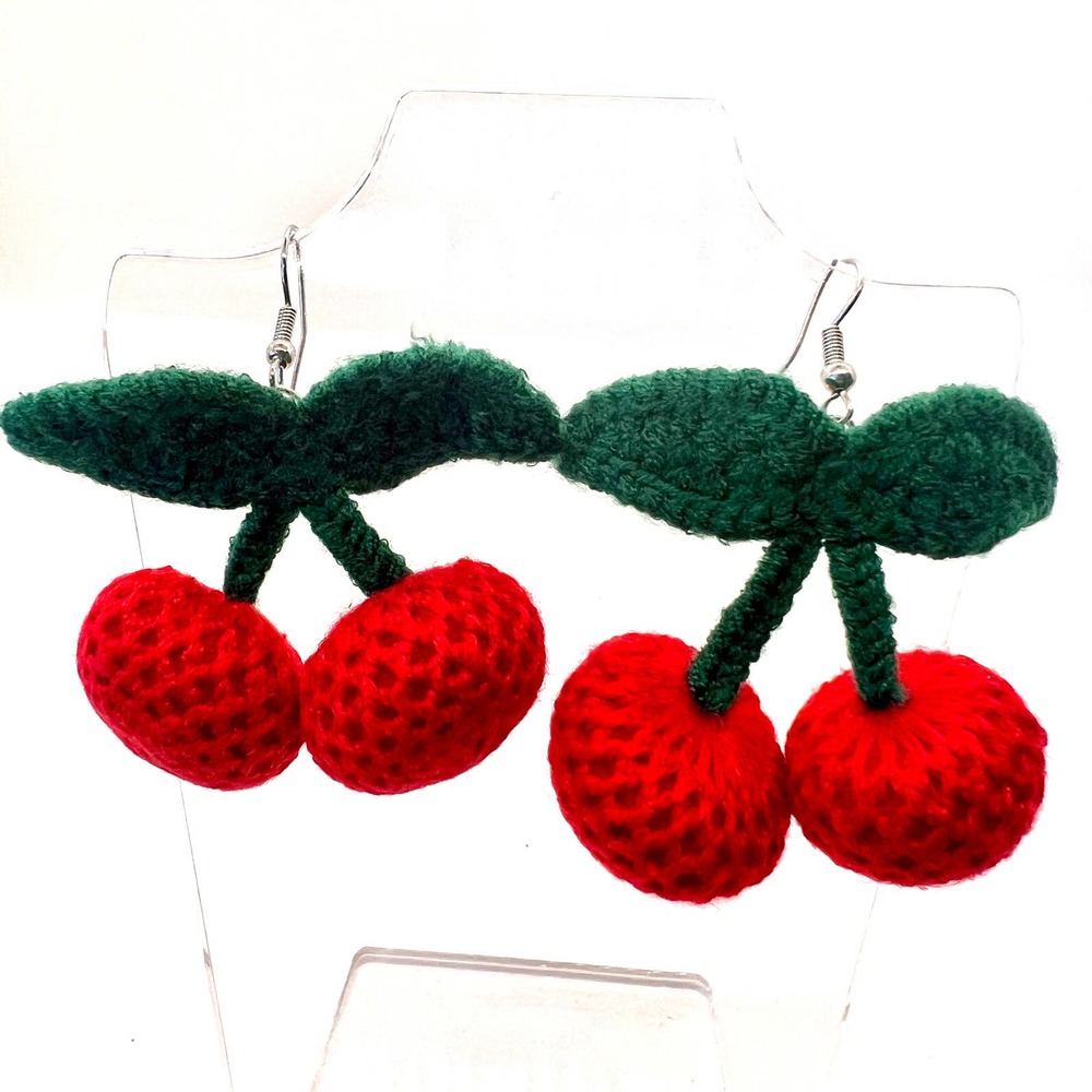 Crochet Cherries Earrings - Yarn Earrings - Fruit Earring - Trending Accessories